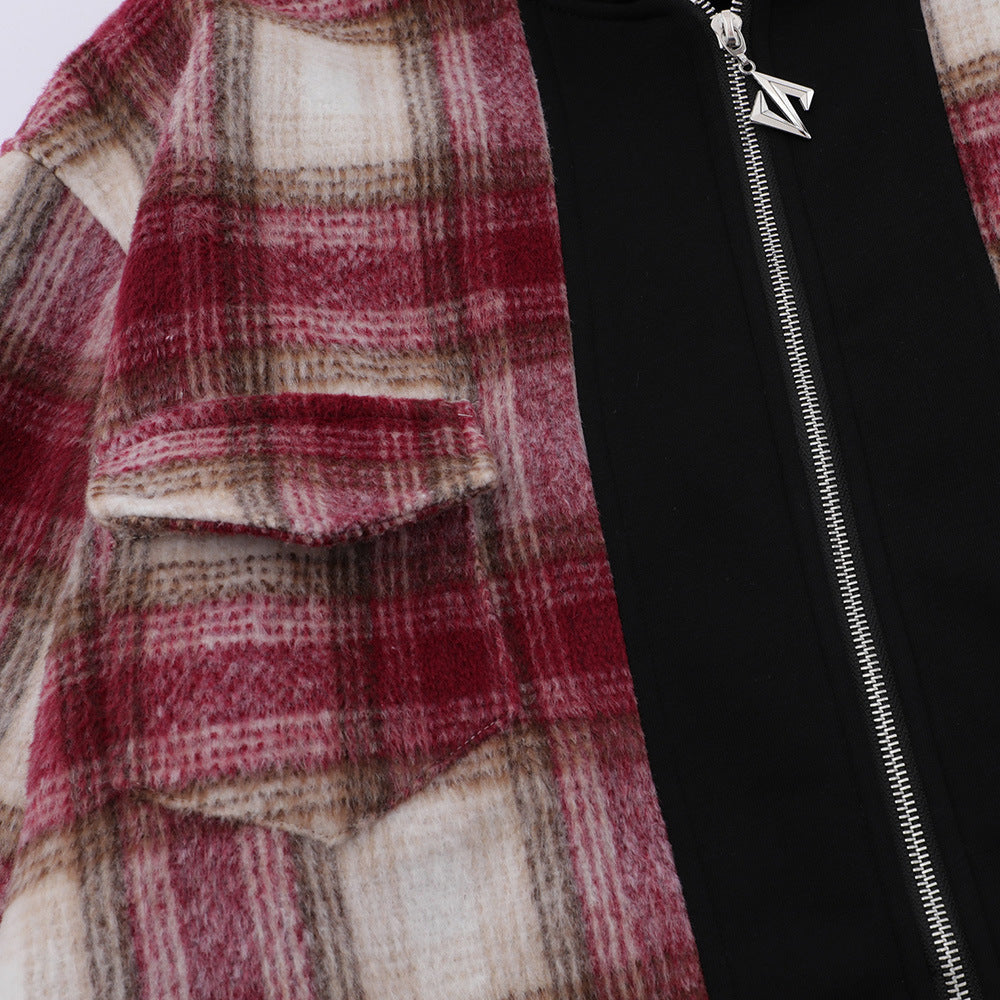 Men's Patchwork Color-contrast Check Hooded Zipper Jacket Casual Jacket