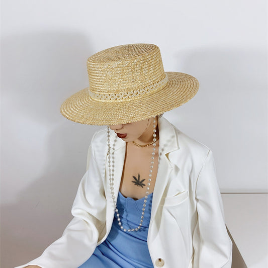 Women's Detachable Pearl Chain Flat Top Straw Hat