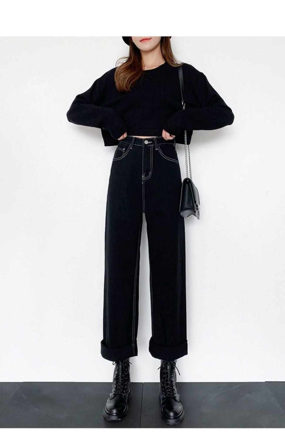 Plus Size Fleece Padded Jeans High Waist Loose Wide Leg Pants