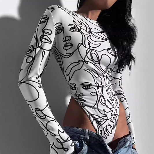 Women's Artistic Face Print Round-neck Long Sleeve