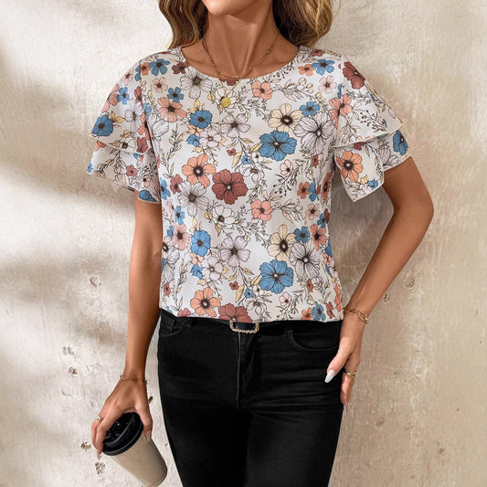 Round Neck Stitching Short Sleeve Loose Printed Top For Women