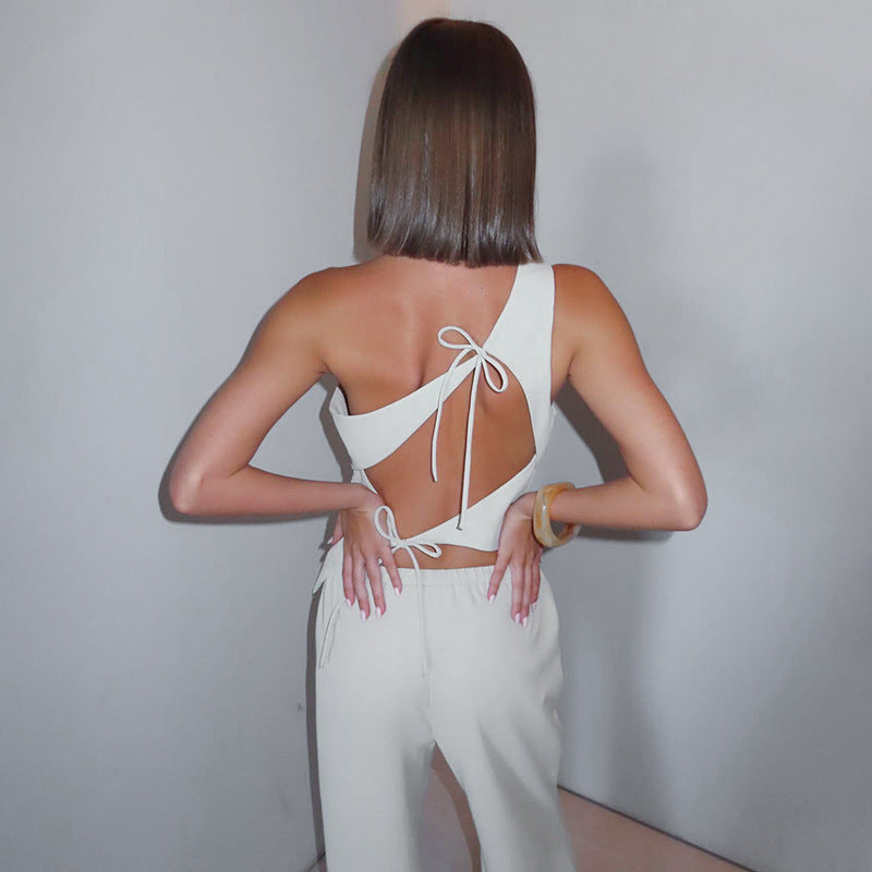 Solid-color Sleeveless Off-shoulder Back-cutout Lace-up Tank Top And Pants Set