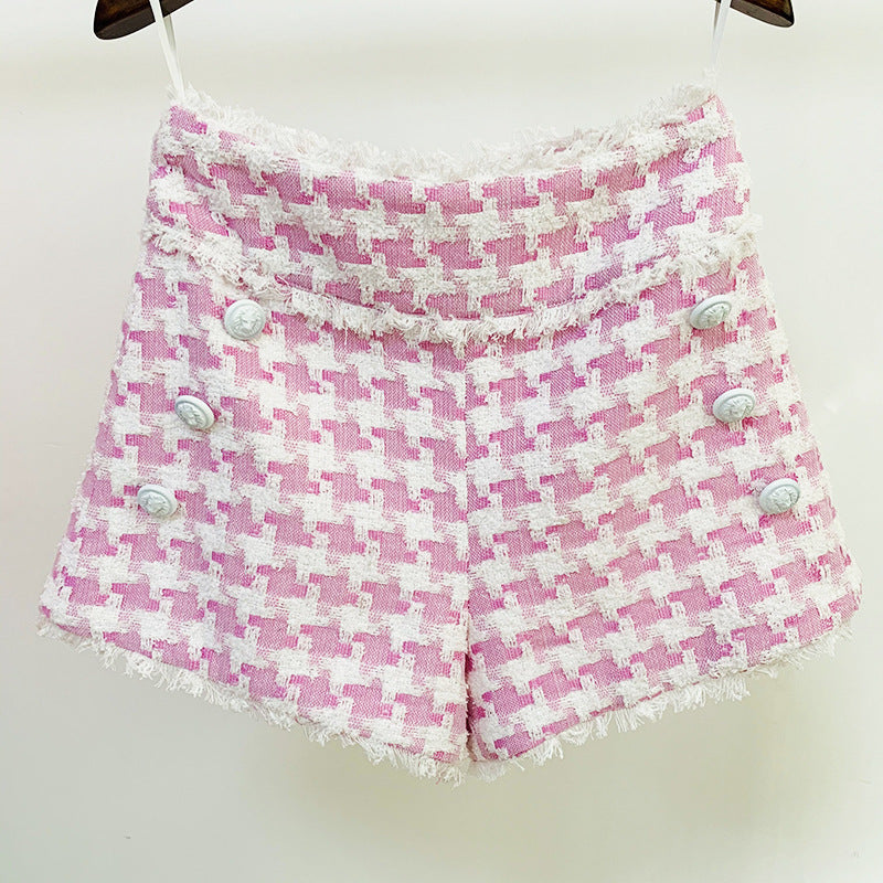 Women's Shiny Houndstooth Tweed Fringe Shorts