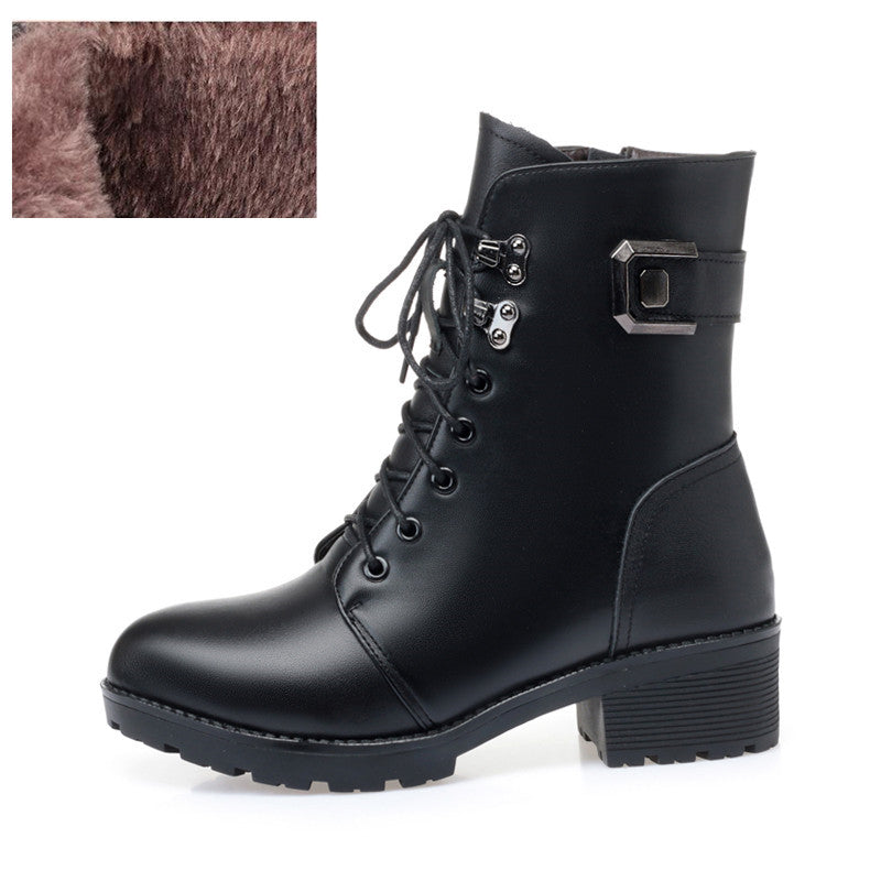 New Leather Martin Mid-tube Women's Boots Thick Heel Waterproof Platform