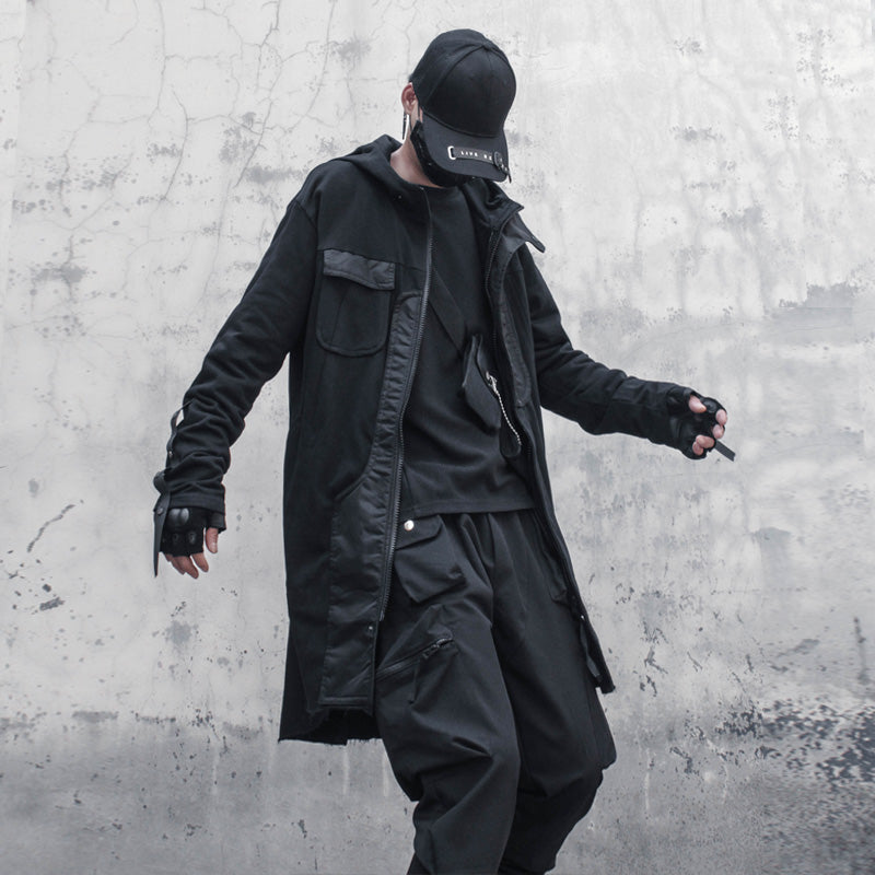 Original Dark Retro Patchwork RO Hooded Trench Coat