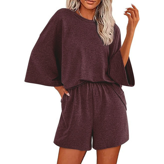 Solid-color Crewneck Short-sleeve Top And Elastic-waist Shorts Two-piece Set