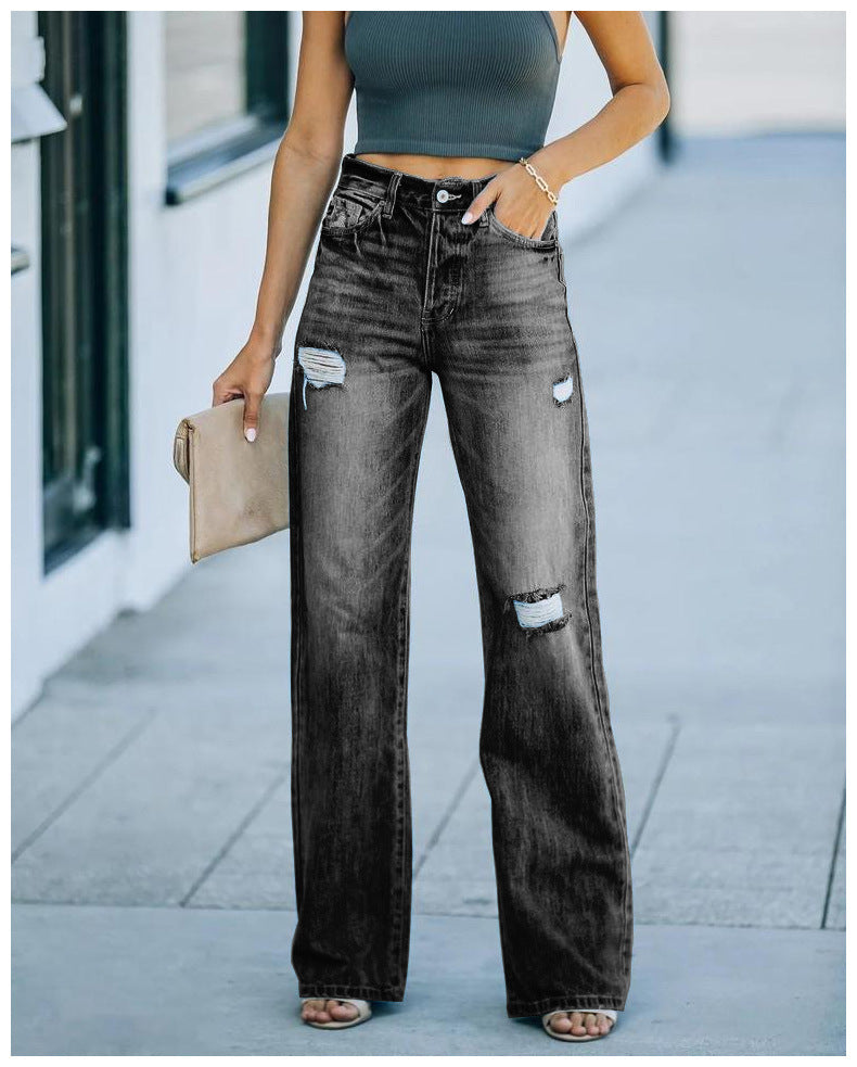 Summer Casual Wide-leg Pants Mid-waist Women's Wash Water Ripped Denim Trousers