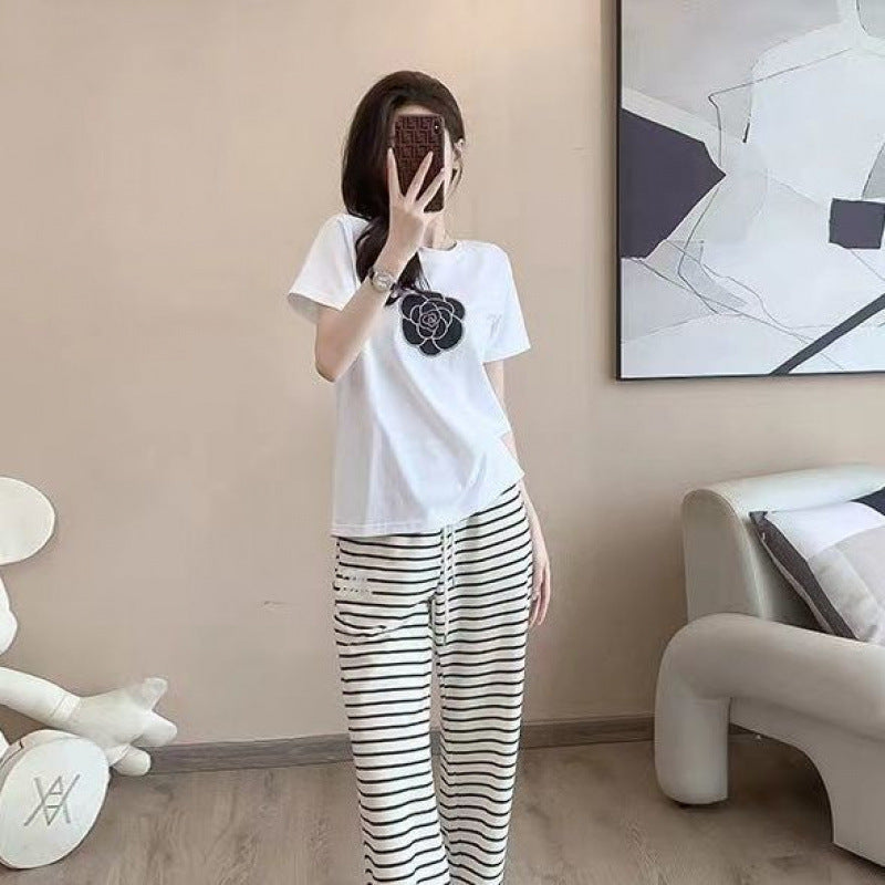 New Korean-style Casual Camellia-print Pure Cotton Short-sleeve T-shirt Set