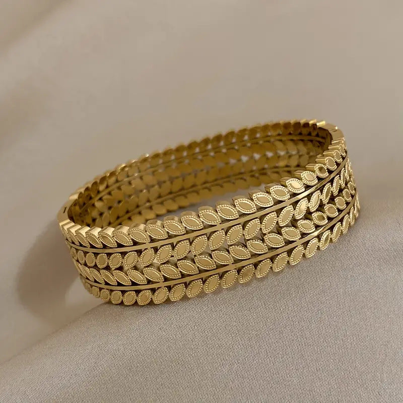 Bohemian-style Unique Wide-opening Stainless Steel Bracelet With Leaf Design