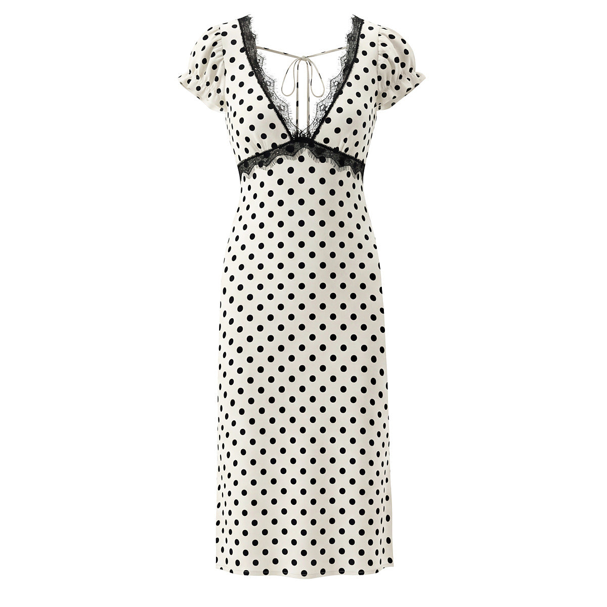 Casual Lace V-neck Design Printed Polka Dot Dress