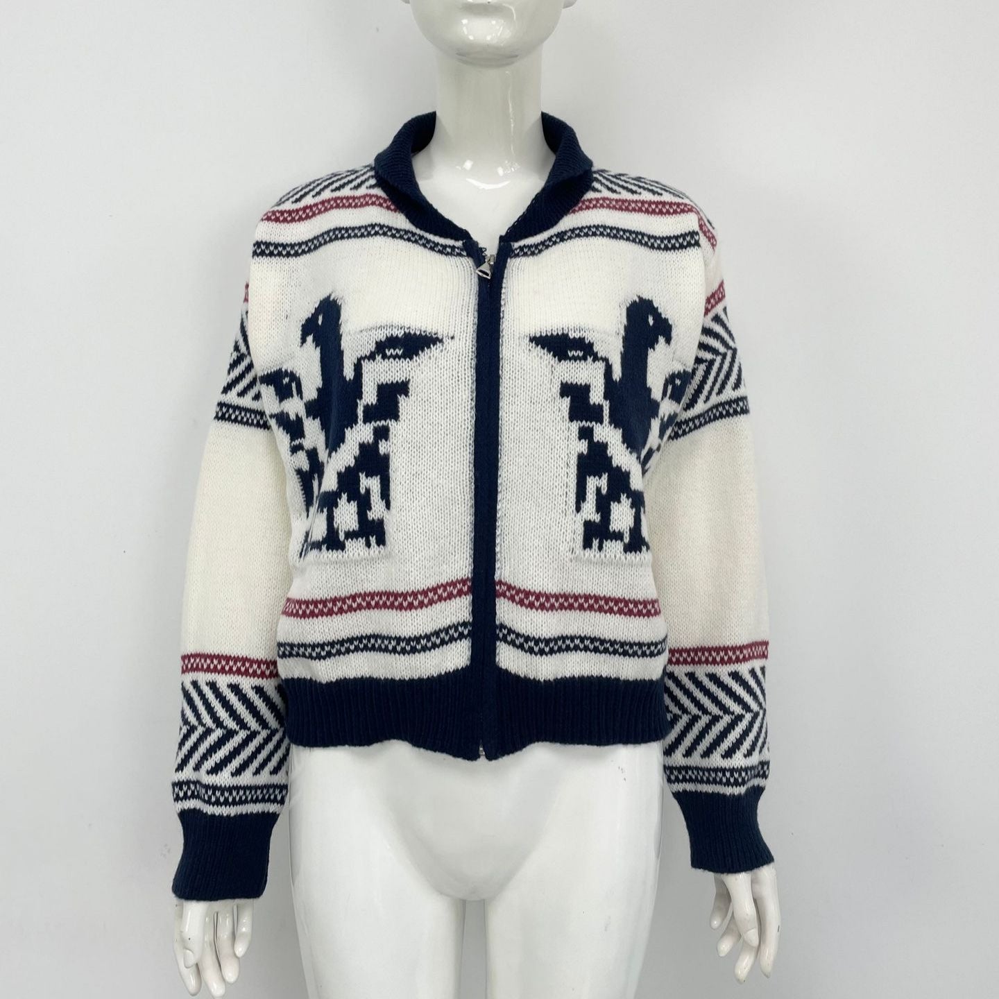 Dame cardigan med lynlås, revers, kort jacquard og kontrastfarver