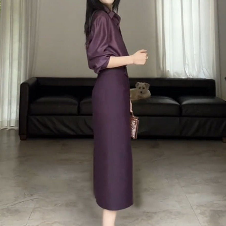 Fashionable Set Womens Blouse Top And Slimming High-Waist Slit Skirt