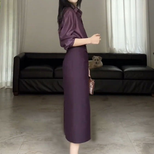 Fashionable Set Womens Blouse Top And Slimming High-Waist Slit Skirt