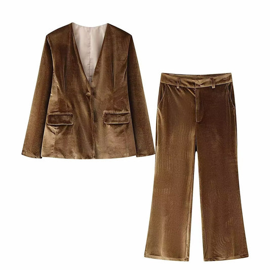 Womens Fashion V-Neck Blazer & Flared Pants Set