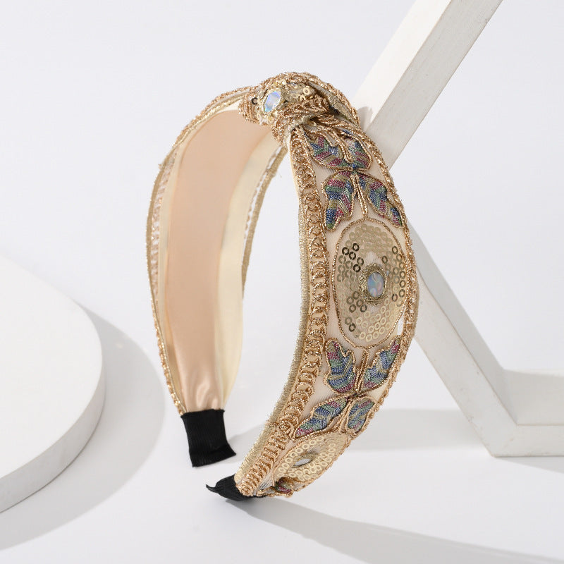 Vintage Butterfly Sequins Hair Band Wide Edge Wild Flowers