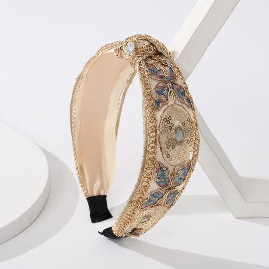Vintage Butterfly Sequins Hair Band Wide Edge Wild Flowers