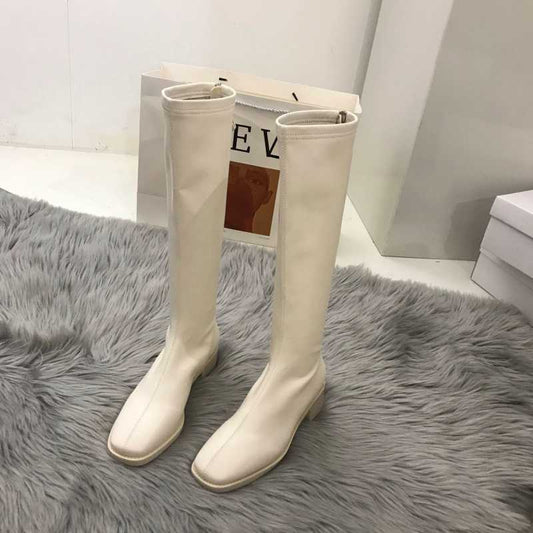 Autumn And Winter Plus Velvet Khaki High-top Knight Boots White Short Boots