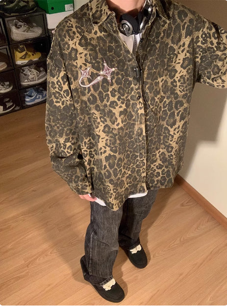 Vintage Leopard Print Water-washing Embroidery Denim Coat