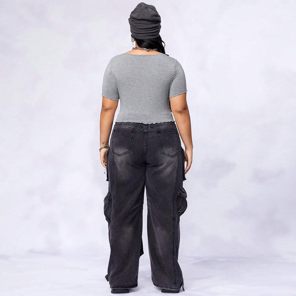 Square Neck Slim-fit Irregular Knit Short-sleeve T-shirt