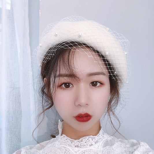 Woolen Pearl Mesh Beret Women's British Retro Hat