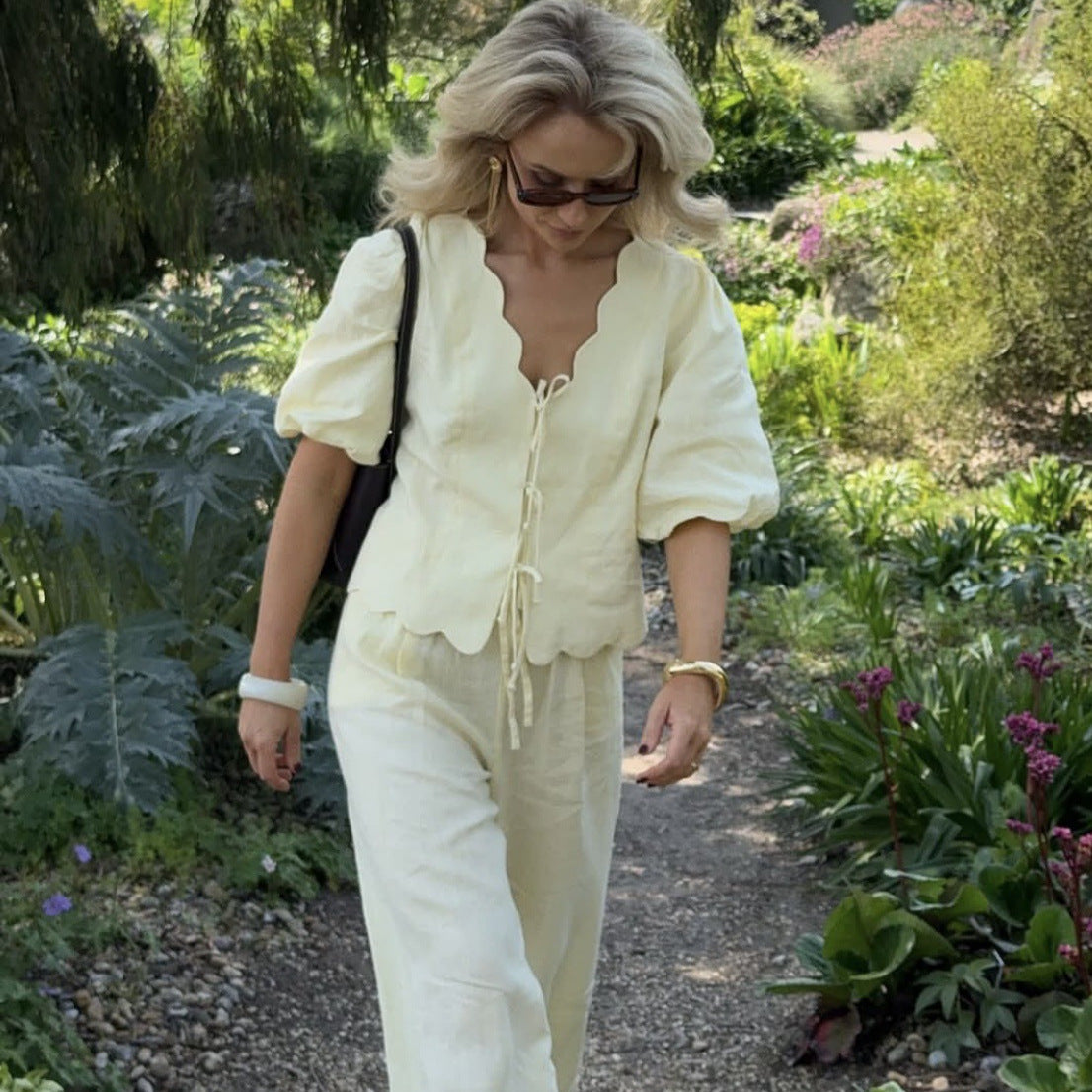 Simple Puff-sleeve Shirt And Casual Pants Set