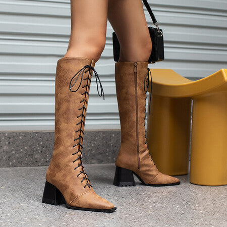 European And American Autumn And Winter Thick Heel Boots Cross Lace Loop