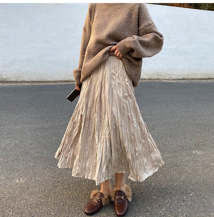 Velvet Pleated Long Skirt A-line Half Length Skirt