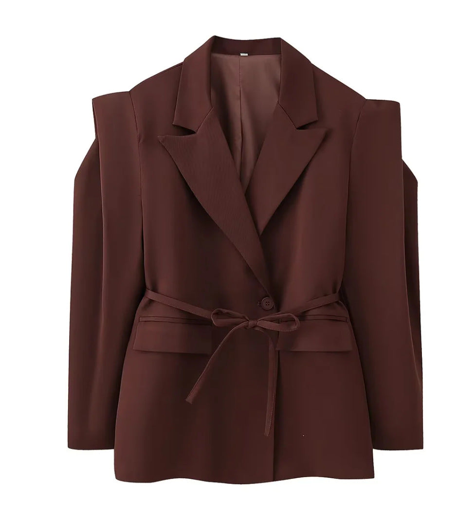 Women's Waist-controlled Lace-up Padded Shoulder Blazer