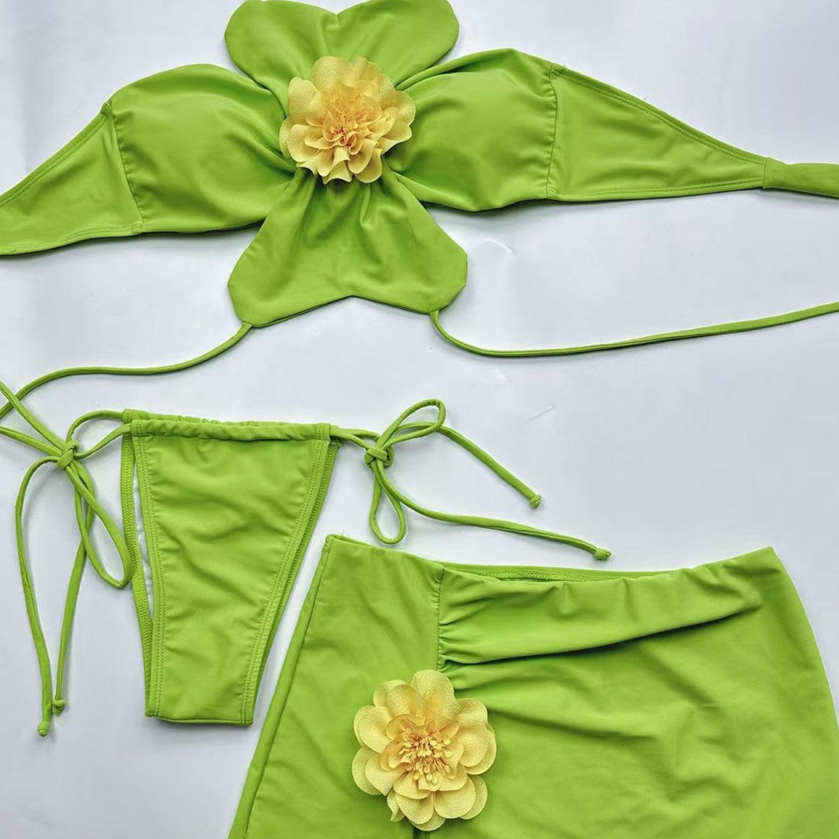 Sexy Three-Piece Split Swimsuit 3D Flower Strap Bikini Swimwear For Women