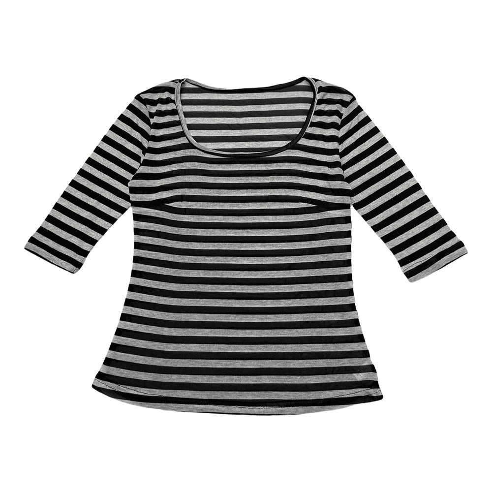 Sommer U-hals Stribet T-shirt Dame Elastisk Mid-ærme Top