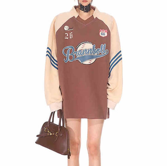 Amerikansk Sport Stil Baseball Vintage Print College V-hals Sweatshirt Dame