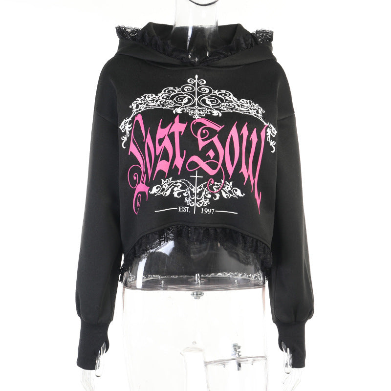 Women's Dark Style Lace Hooded Trendy Printed Sweatshirt