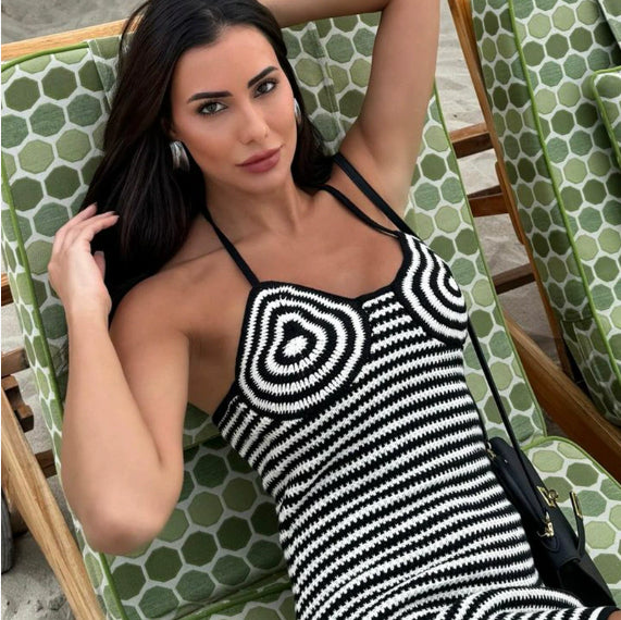Women's Black And White Striped Waist-tight One-piece Shorts