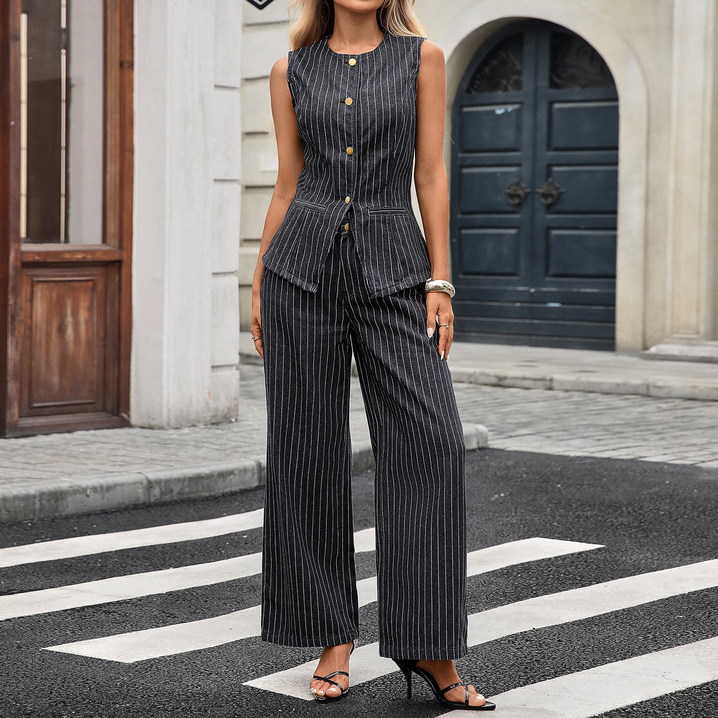 Women's Autumn New Washed Casual Striped Sleeveless Denim Suit