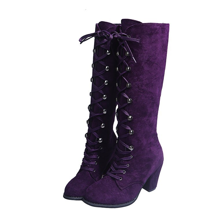 Winter New High Solid Color Thick Heel Round Head Lace-up Knight Boots Fashion High Heel Boots