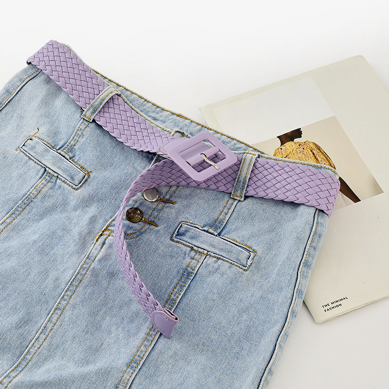 Candy Color Bag Buckle Belt Sweet Decorative Square Woven Ladies Wide Wholesale