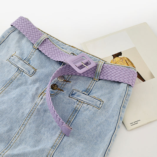 Candy Color Bag Buckle Belt Sweet Decorative Square Woven Ladies Wide Wholesale