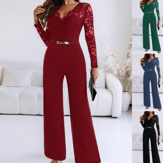 Langærmet jumpsuit med bælte og svaj i benene – afslappet pasform