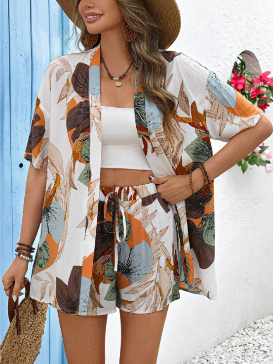 Vacation-style Casual Cardigan Short-sleeve Cape And Shorts Two-piece Set