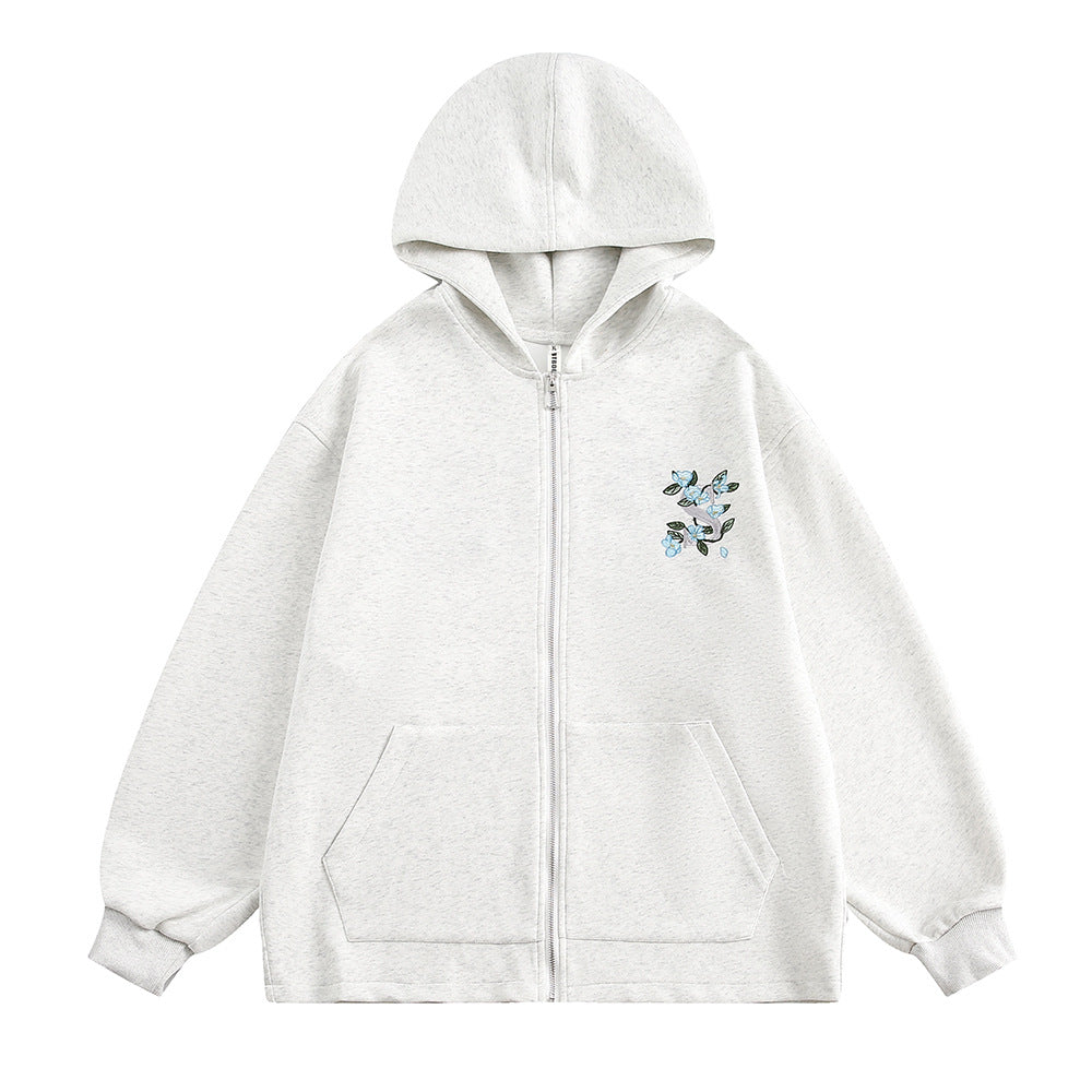 Small Floral Vine Embroidery Hooded Loose Coat