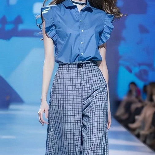 Blue Shirt And Loose Wide-leg Pants Two-piece Set