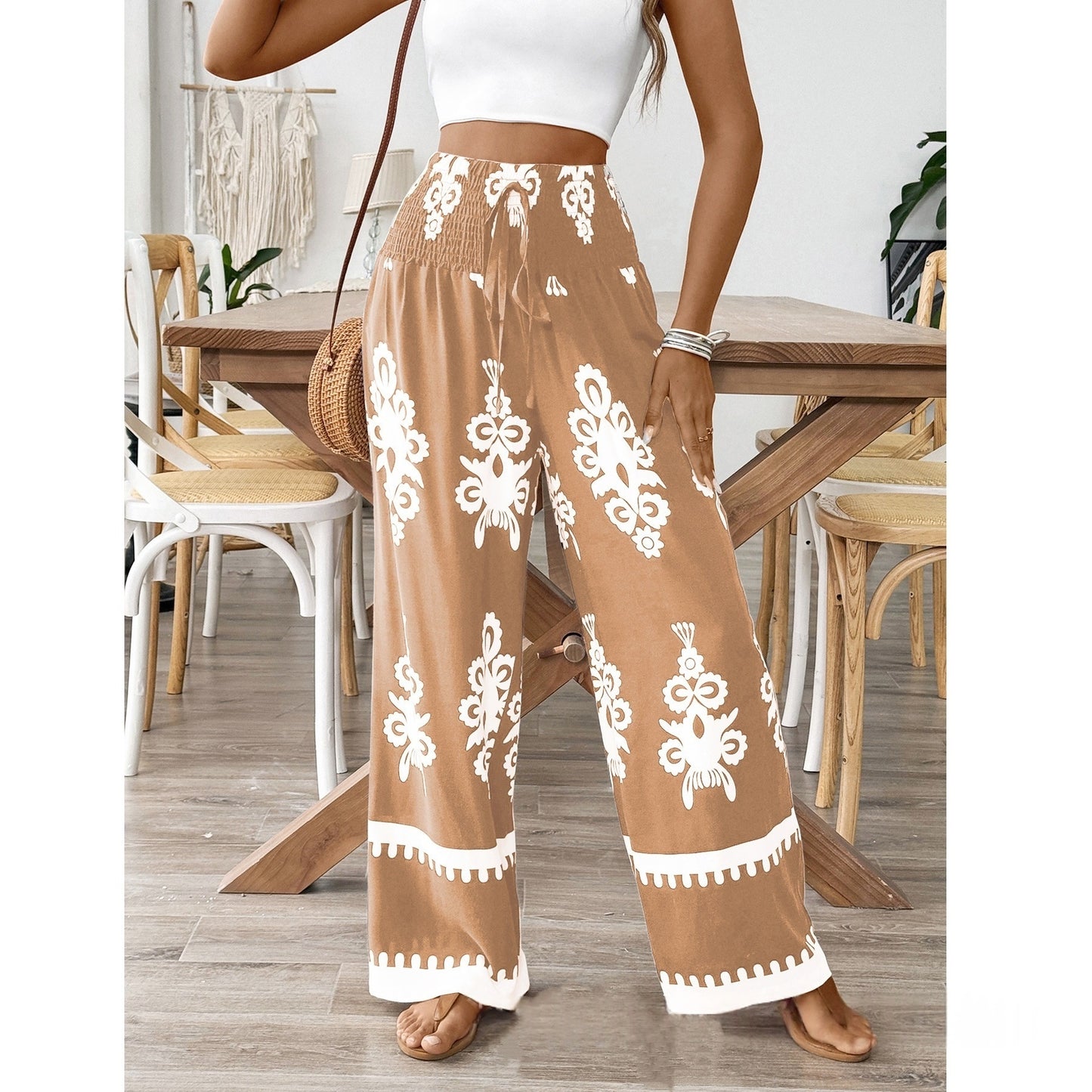 Women's 3D Pattern Lace-up Casual High Waist Print Wide-leg Pants
