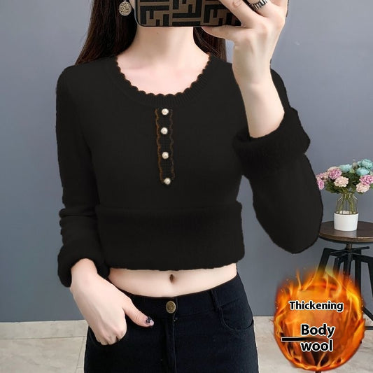 Fleece-lined Thickened Round Neck Sweater Women's Autumn And Winter Integration
