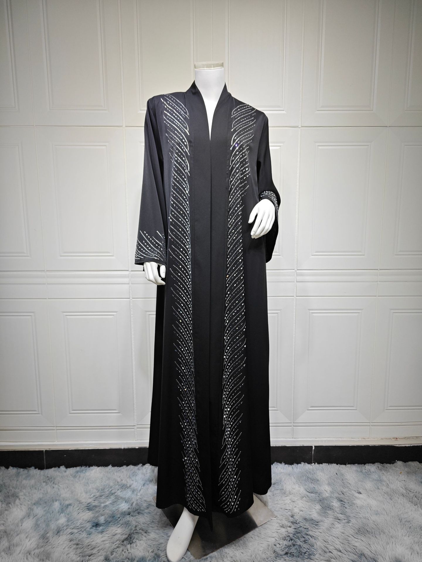 Stylish And Elegant Black Robe With Rhinestone Embellishments