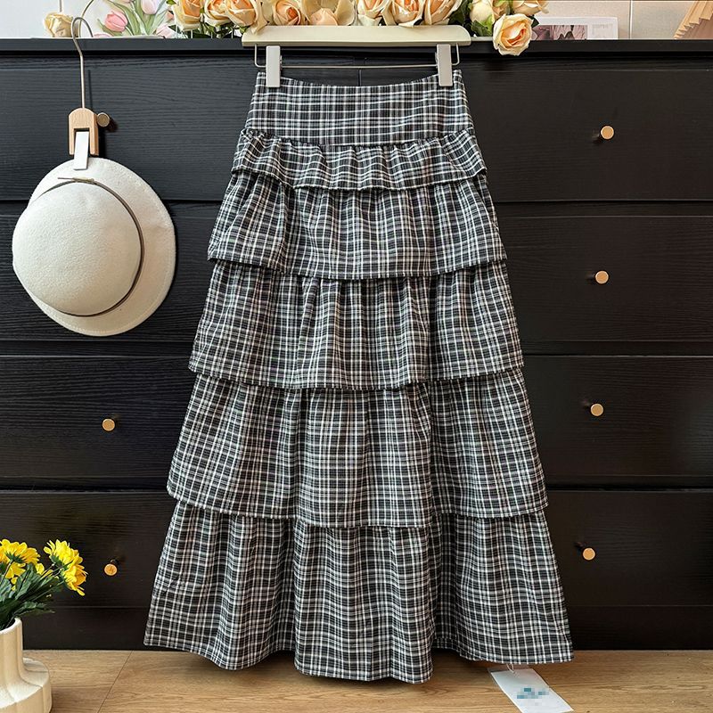 Sweet Retro Temperament Color-contrast Check Skirt For Women