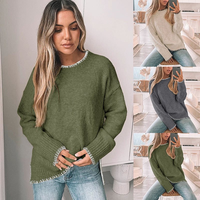 Simple Commute Leisure Pullover Trim Round Neck Knitted Sweater