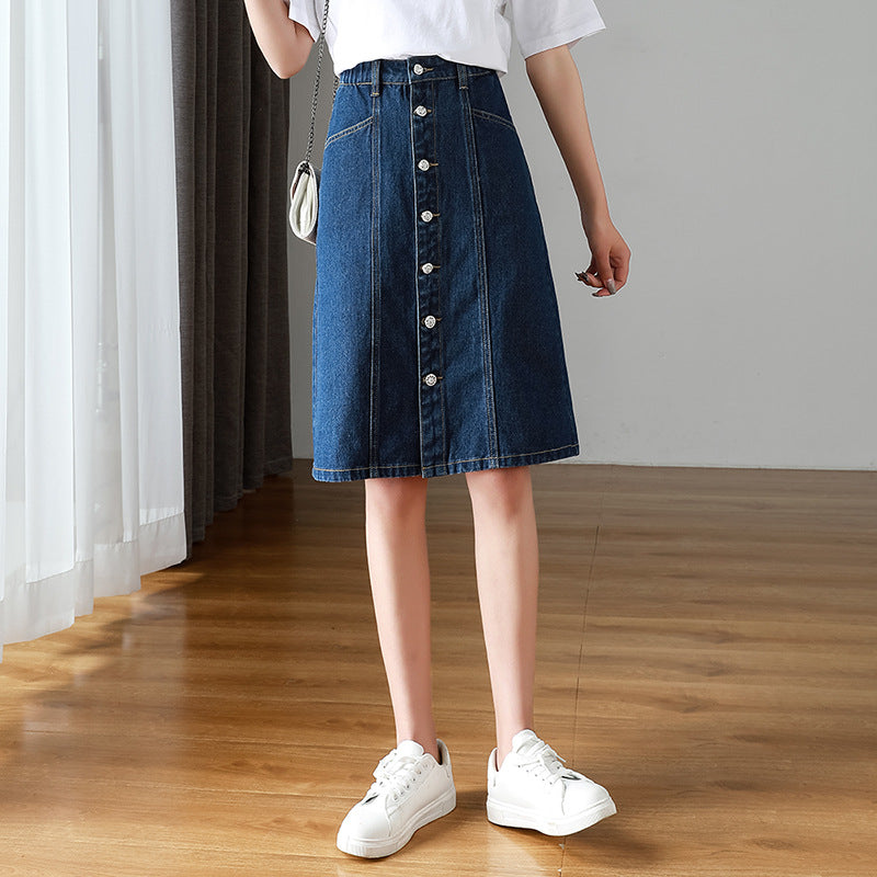 Korean-style Loose Versatile A-line Mid-length Slimming High-waist Plus-size Denim Skirt