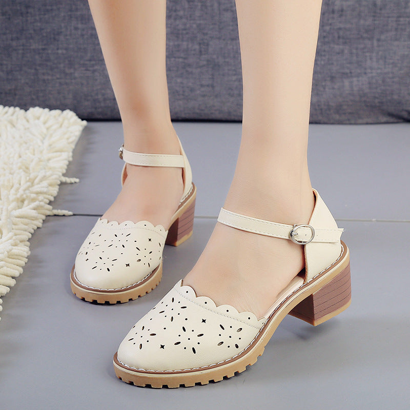 Spring And Summer New Style Sandals Women's Sweet Thick Heel Hollow