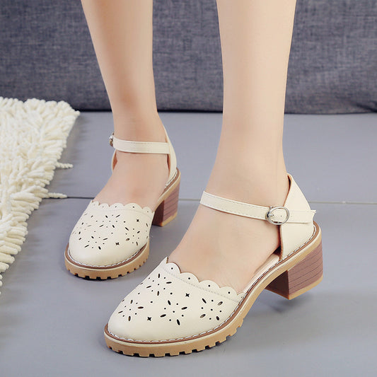 Spring And Summer New Style Sandals Women's Sweet Thick Heel Hollow