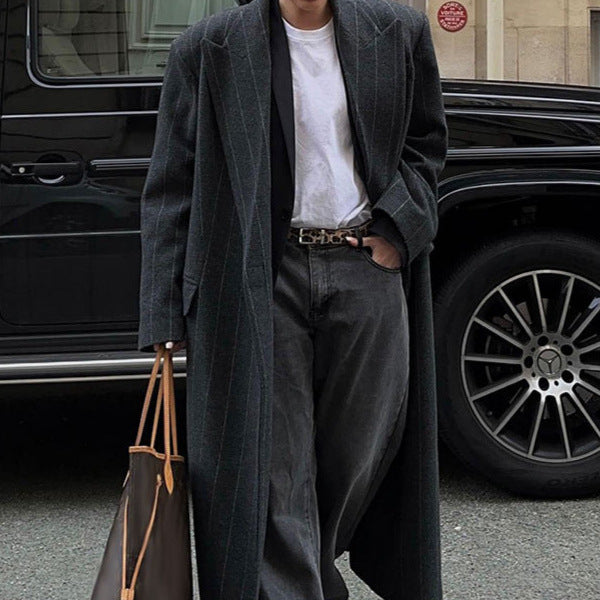 Lapel Long Sleeve Long Overcoat Outerwear Temperament Commute Stripes